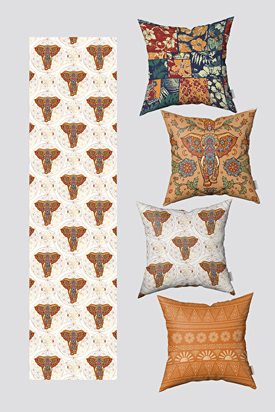 EsnafAli Set de 4 huse de pernă și alergător cu model etnic portocaliu albast...