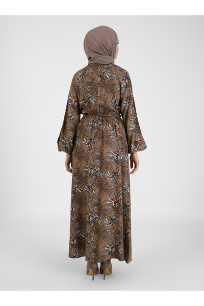 Tavin Natural Fabric Patterned Dress with Elastic Waist - Mink -