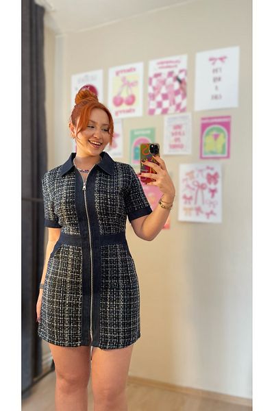 Tumtum Wear Denim Color Dress with Tweed Detail