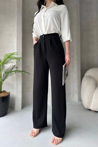PALAZZO Lima Black Palazzo Kalhoty s proužkovaným oversize střihem