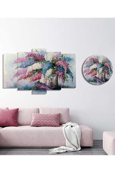 fabriflow exclusive Çiçekli Manzaralı Dekoratif Desenli Mdf Tablo  5 Parça Set Ve saatli