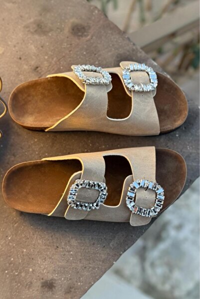 Melissa Boutique Women's Beige Nubuck Leather Crystal Stone Buckle Orthopedic Sole Slippers