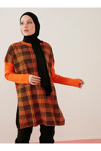 Por La Cara Orange Plaid Patterned Loose Knitwear Tunic - Side Slit