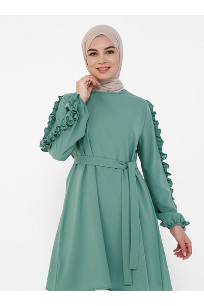 Tavin Belted Tunic Trousers with Ruffled Sleeves Detailed Double Suit