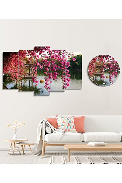 fabriflow exclusive Çiçekli Manzaralı Dekoratif Desenli Mdf Tablo  5 Parça Set Ve saatli