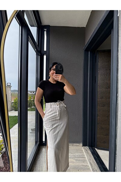 Millagros feel good with us Füme Çizgili Bej Keten Etek