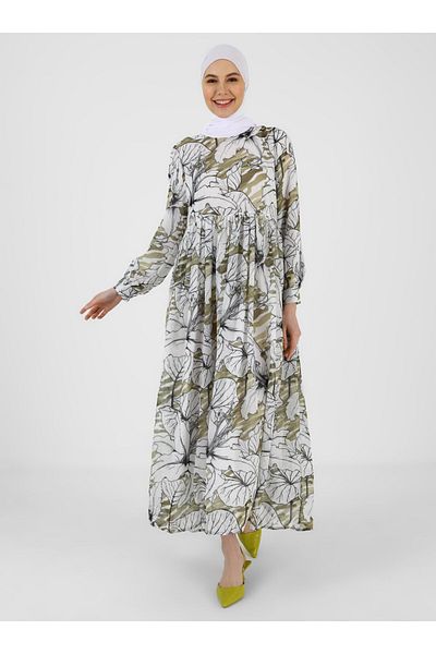 Refka Floral Patterned Lined Chiffon Dress - Acid Yellow Pattern - Casual