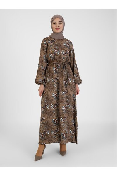 Tavin Natural Fabric Patterned Dress with Elastic Waist - Mink -