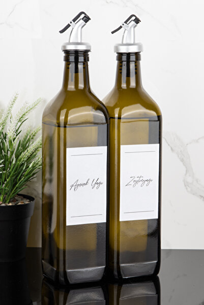 Dolkin Home 2li 750 ml Amber Cam Yağdanlık Zeytinyağı ve Ayçiçek Yağı Etiketli Gri Renk Tıpalı Yağlık Sosluk