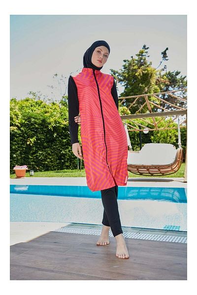 MAYOU Μαγιό Hijab με αφηρημένο σχέδιο με λικλάνι στους μανίκια - Μαύρο πορτοκαλί -