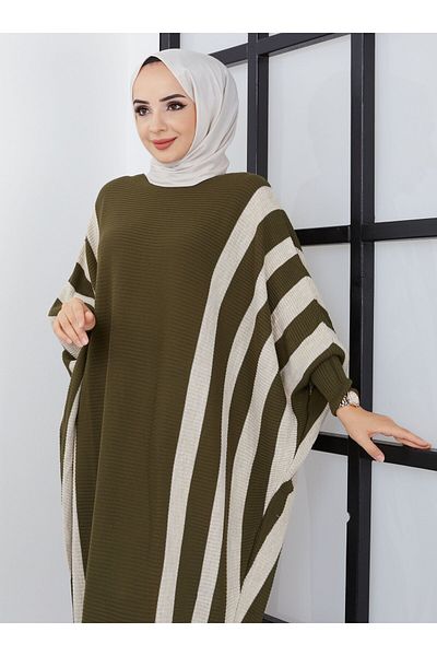 SAHRA BUTİK Khaki Striped Knitwear Bat Dress - Sahra Boutique