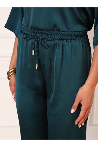 Refka Satin Trousers - Petrol Color, Elastic Waist Detail and Stopper - Refka