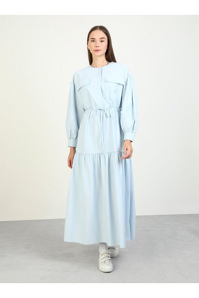 Benin Light Blue Cotton Poplin Hijab Dress - Pocket Detail and Drawstring - Benin