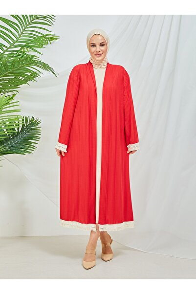 SAHRA BUTİK Red Kimono with Straw Sleeves and Skirt - Sahra Butik