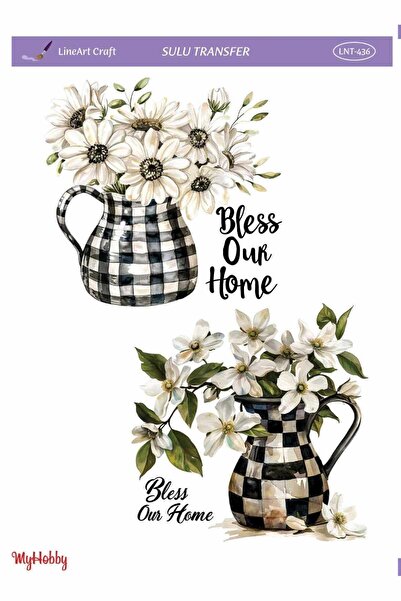 LİNEART LNT436 Ekose, Sürahi, Çiçek Desenli Açık Zemin Sulu Transfer 25*35 cm