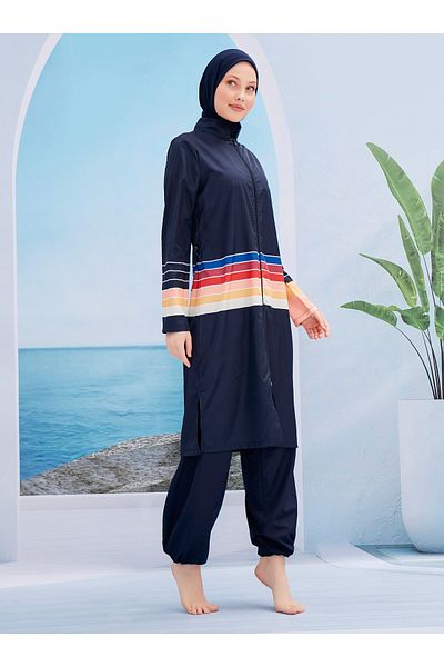 MAYOU Colorful Striped Hijab Swimsuit - Mixed Color - Mayou
