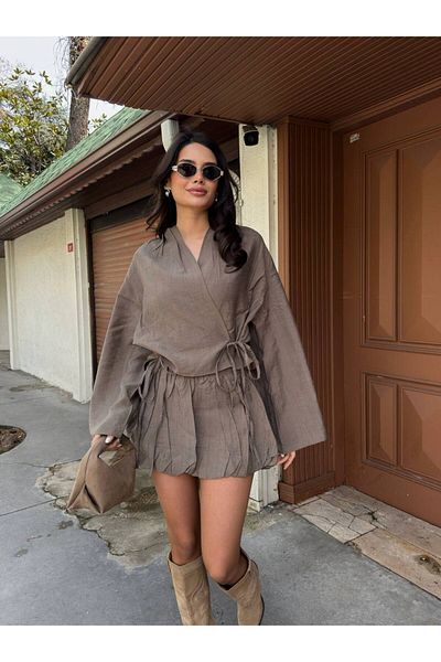 Stil Sepeti Women's Mink Linen Lace Kimono Mini Shorts Balloon Skirt Set Tl-100085300