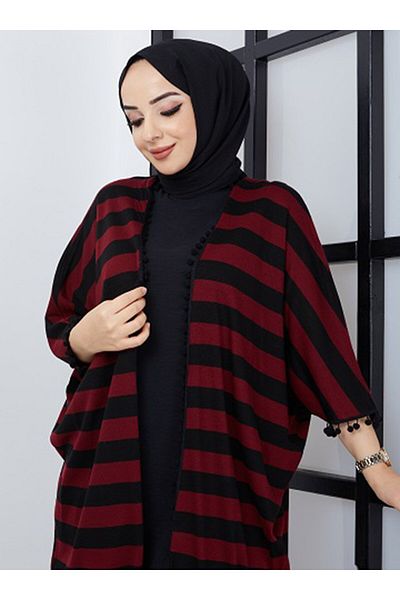 SAHRA BUTİK Claret Red Saqar Boutique - Φουντωτό ριγέ καπάκι