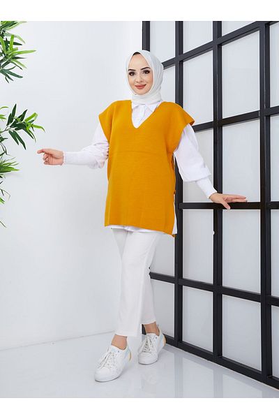 SAHRA BUTİK Sahra Butik - Mustard V-Neck Knitwear Sweater