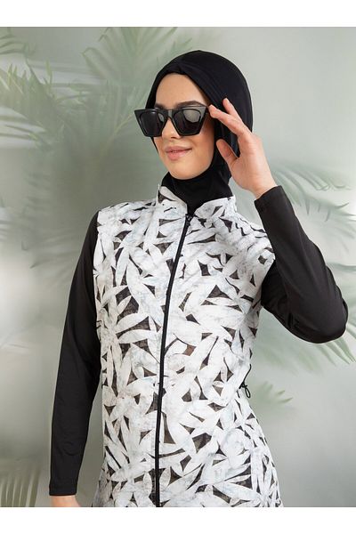 Mayo Bella Leaf Pattern Sleeves LycraFull Covered Swimsuit - Black - Swimsuit Bella