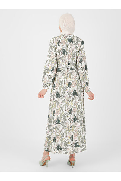 Refka Natural Fabric Floral Patterned Dress - Green Ecru -