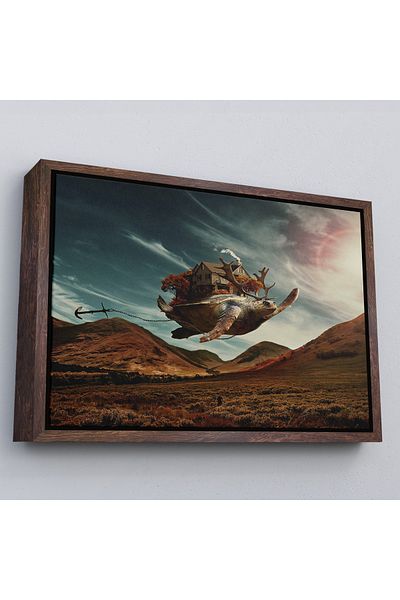 Harita Sepeti Deer Horned Turtle Surreal Painting with White Frame