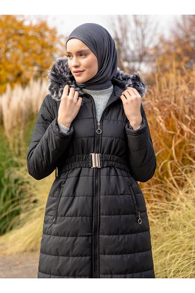 Miss Cazibe Palton matlasat cu detaliu de blană - negru, Miss Charm