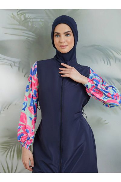 Mayo Bella Floral Sleeves Lycra Full Covered Swimsuit - Navy Blue - Swimsuit Bella