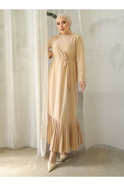SAHRA BUTİK ΦΟΡΕΜΑ SCUBA CREP ΠΛΙΣΕ ΦΟΥΣΤΑ - Κρέμα - SAHRA BUTIK