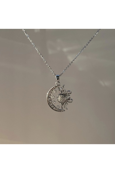 Vintagezegeni Taşlı Ay ve Güneş Kolye | Çelik