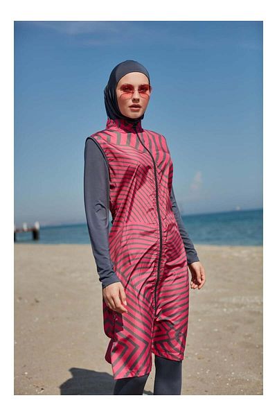 MAYOU Abstract Patterned Hijab Swimsuit with Lycra Sleeves – Anthracite Fuchsia - Mayou