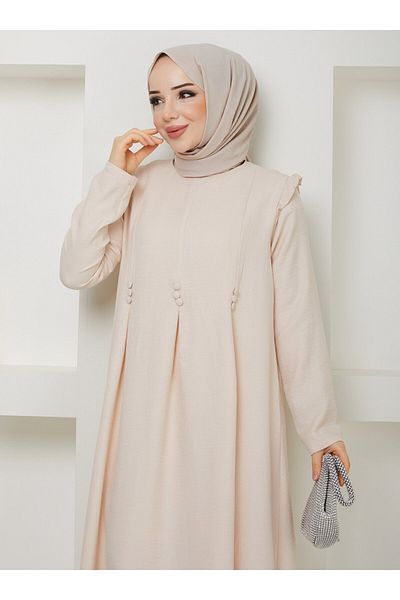 SAHRA BUTİK Linen Plus Size Dress - Cream - Sahra Butik