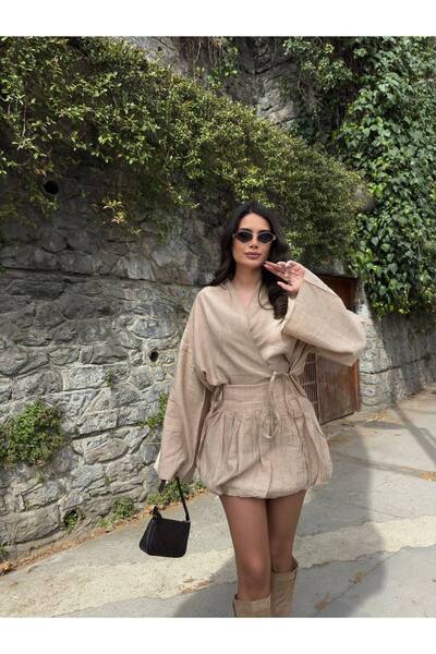 Stil Sepeti Bézs vászon fűzős kimonó mini rövidnadrág léggömb szoknya öltöny TL-100085300