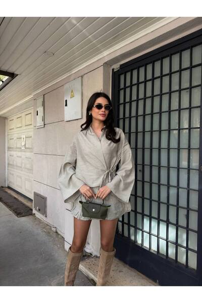 Stil Sepeti Women's Gray Linen Laced Kimono Balloon Skirt Suit with Mini Shorts Tl- 100085300