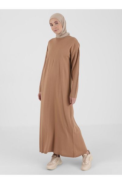 Refka Crew Neck Knitwear Hijab Dress - Camel - Basic