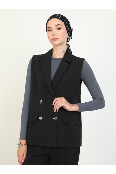 Refka سترة قماش مزدوجة سوداء - زر مفصل - ريفكا