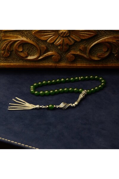 Burhan Sağlam Gümüş İmame Gümüş Püskül Küre Kesim 8x8 mm Doğal Yeşim Taşı Tesbih