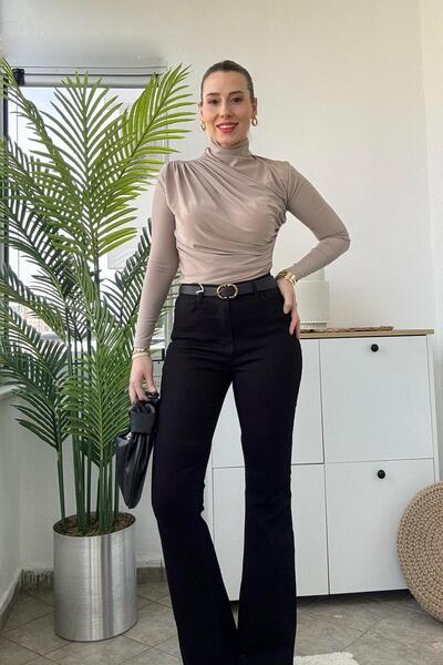 Kubos Moda Pantaloni negri din denim cu talie înaltă cu picior evazat