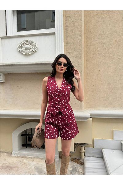 Stil Sepeti Set de pantaloni scurți mini cu pliuri duble pentru femei, burgundă, cu decolteu în V, TL- 100058401