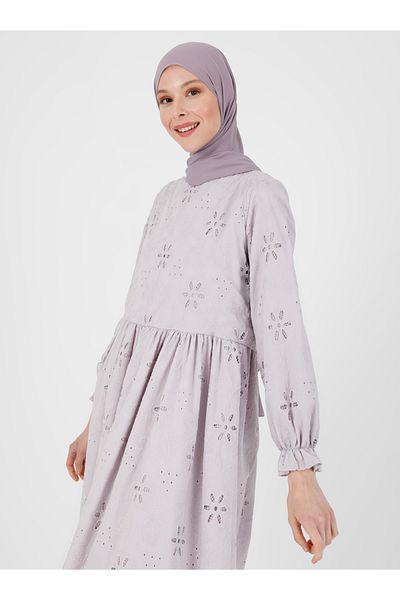 Refka Natural Fabric Lined Scallop Hijab Dress - Antique Lilac -