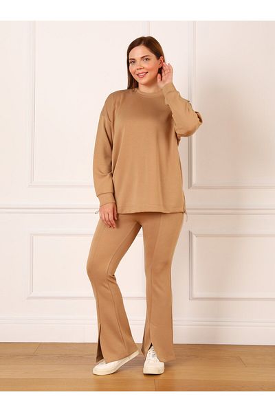 ALİA Φούτερ με απαλή υφή Plus Size - Stopper Detailed, Camel - Alia