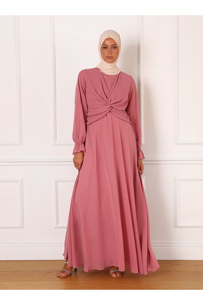 Refka Βραδινό φόρεμα σιφόν Hijab - Dark Rose, Knot Detailed - Refka