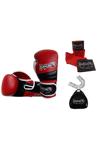Dragon Attack Boxing Gloves Set Boxing Gloves Red Color Bandage Red Color and Mouthguard Set of 3