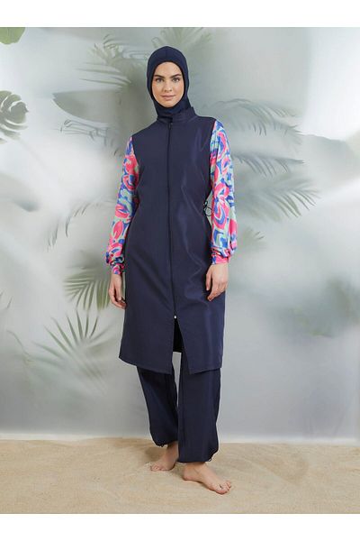 Mayo Bella Floral Sleeves Lycra Full Covered Swimsuit - Navy Blue - Swimsuit Bella