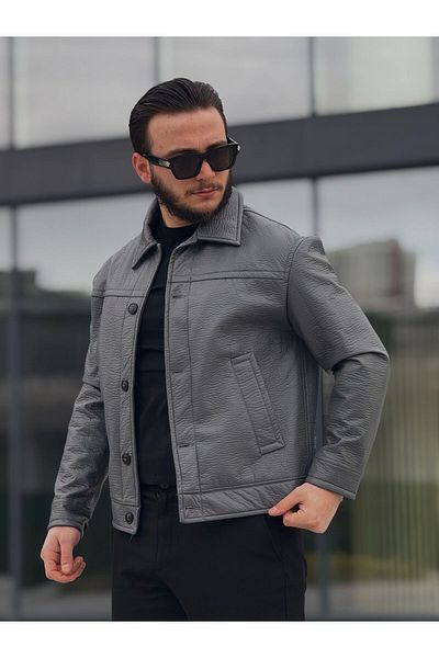 KINGAF Men's Buttoned Leather Jacket