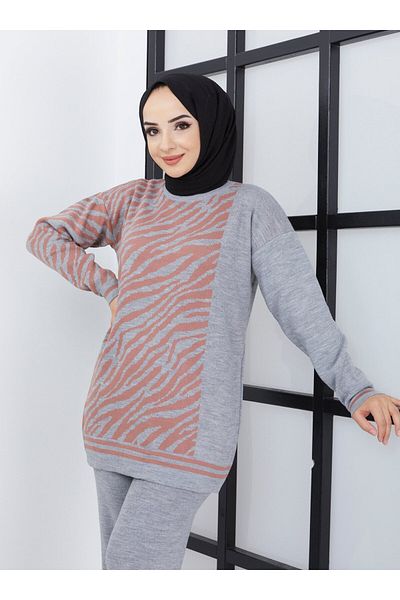 SAHRA BUTİK Gray Double Knitwear Set - Zebra Patterned Trousers - Sahra Butik
