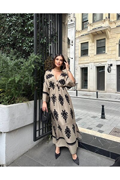 Lusin Γυναικείο Καλοκαιρινό Φόρεμα με λεπτομέρεια με σχισμή χακί με μανίκια με διπλό γιακά