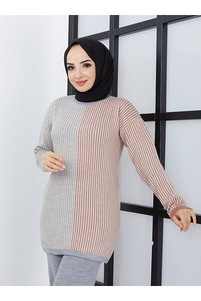 SAHRA BUTİK Gray Thin Striped Knitwear Set - Sahra Butik