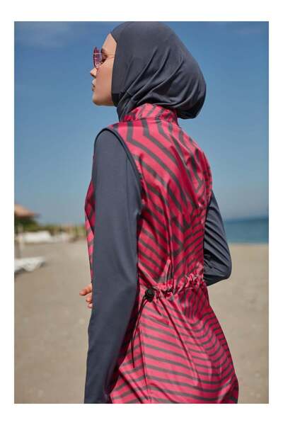 MAYOU Μαγιό Hijab με αφηρημένο σχέδιο με λίκρα μανίκια – Anthracite Fuchsia - Mayou