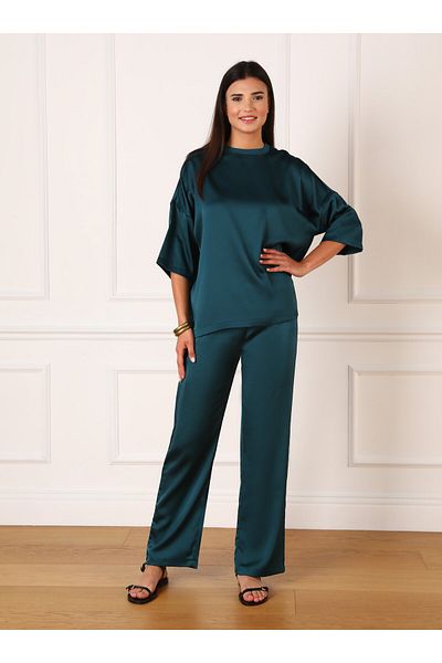 Refka Satin Trousers - Petrol Color, Elastic Waist Detail and Stopper - Refka